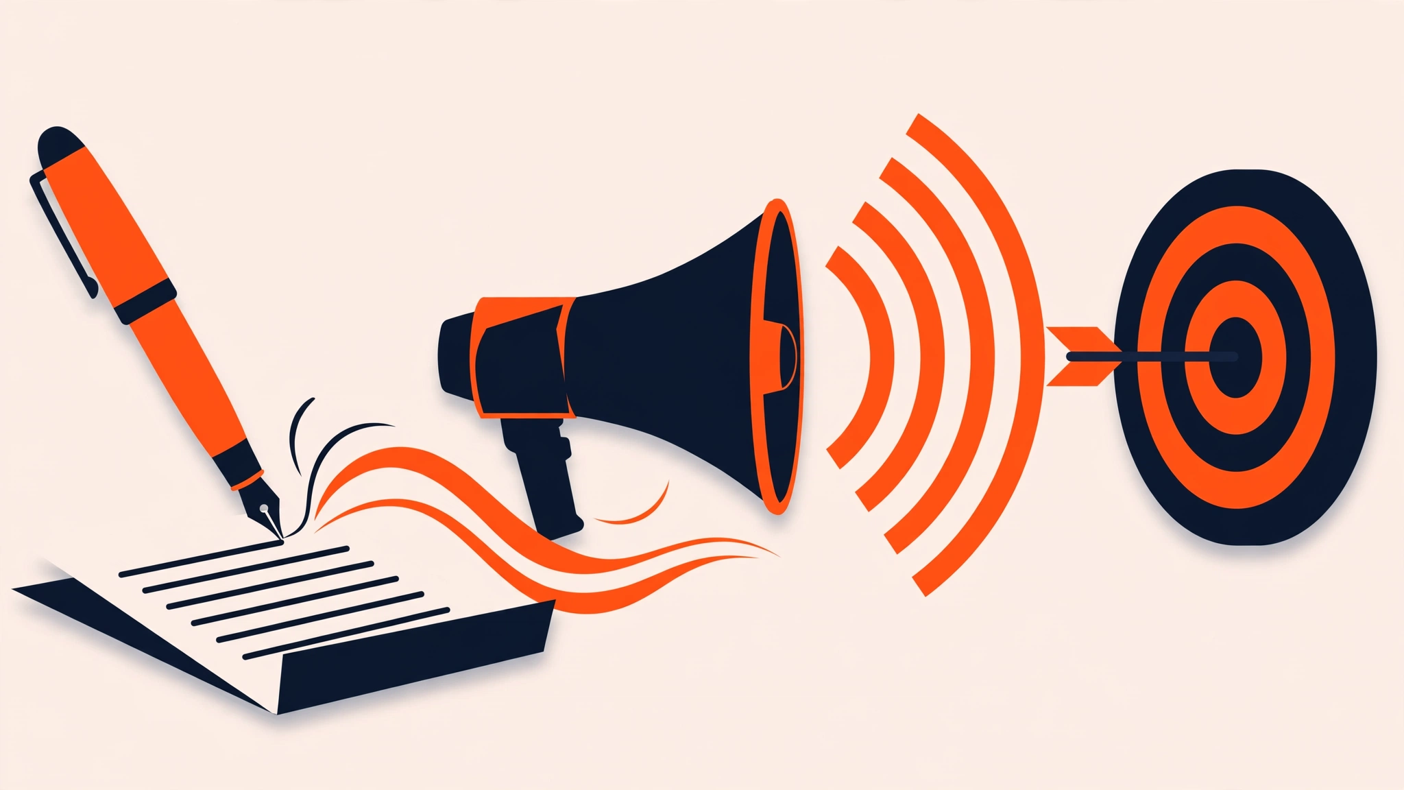 Illustration of persuasive writing with a pen, megaphone and target