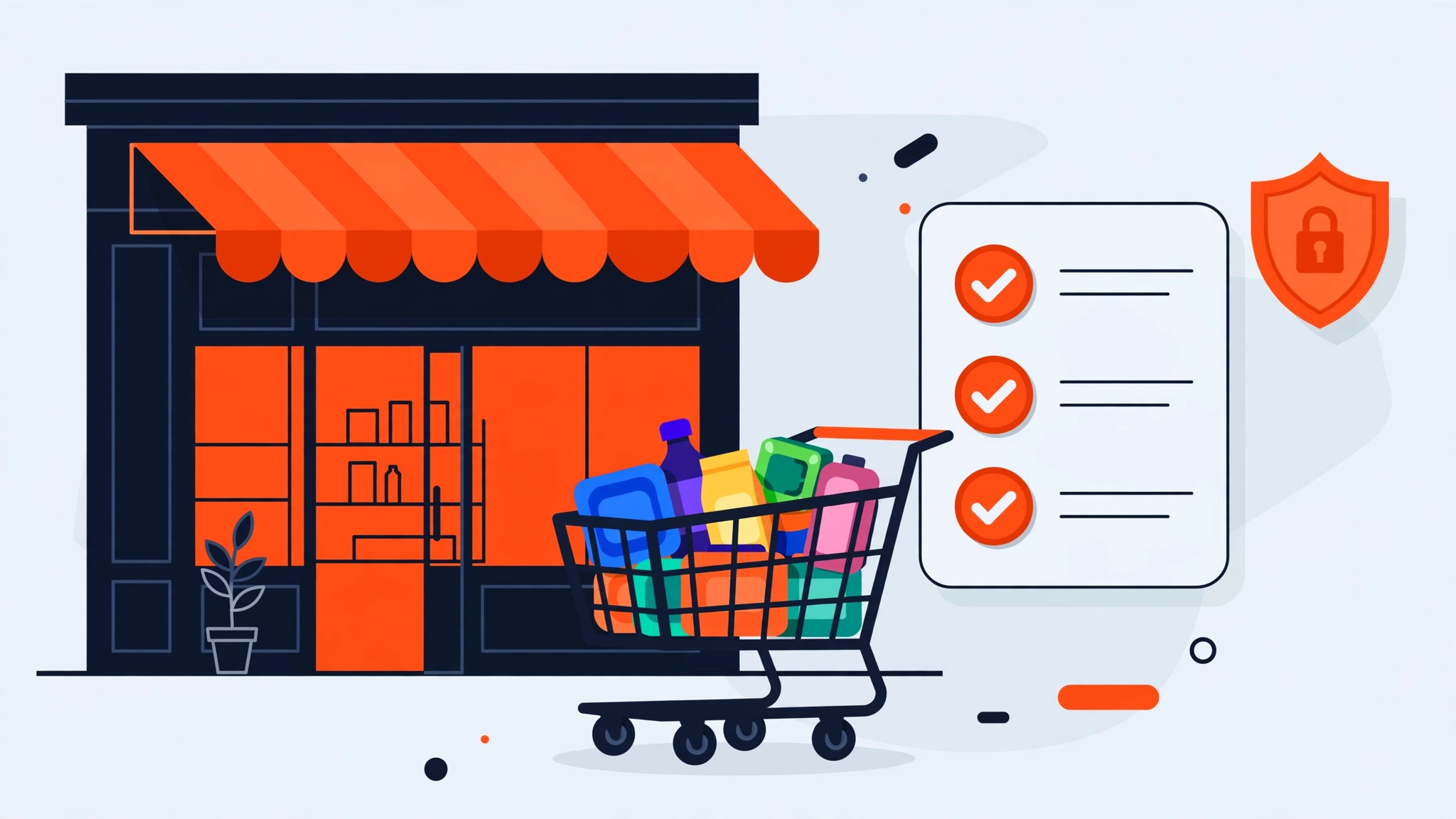 Illustration of an online store with shopping cart, checklist and secure payment badge