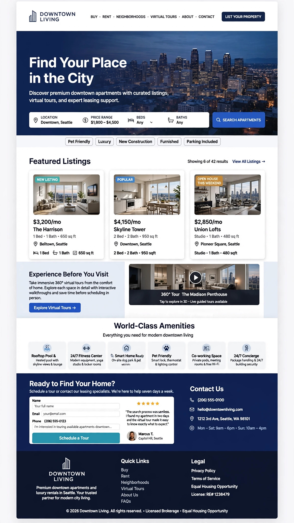 Downtown Apartments Website - Real Estate website concept design